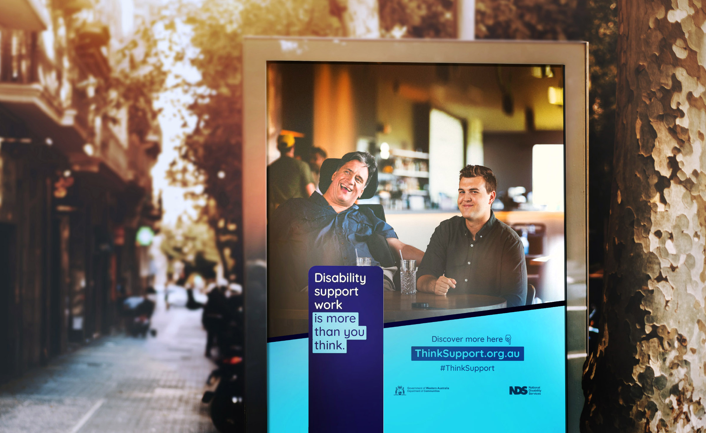 Digital signage with support worker and client